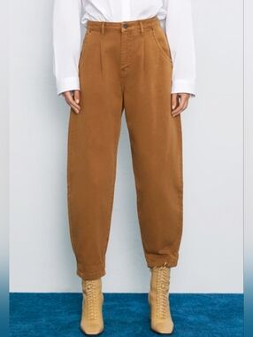256-Zara Tan Brown High-Waist Tapered Crop Barrels Jeans Fits Small